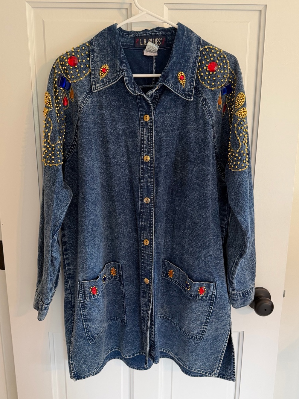 Vintage L.A. Blues Jeweled Studded Denim Tunic Shirt Jacket Size 14-16